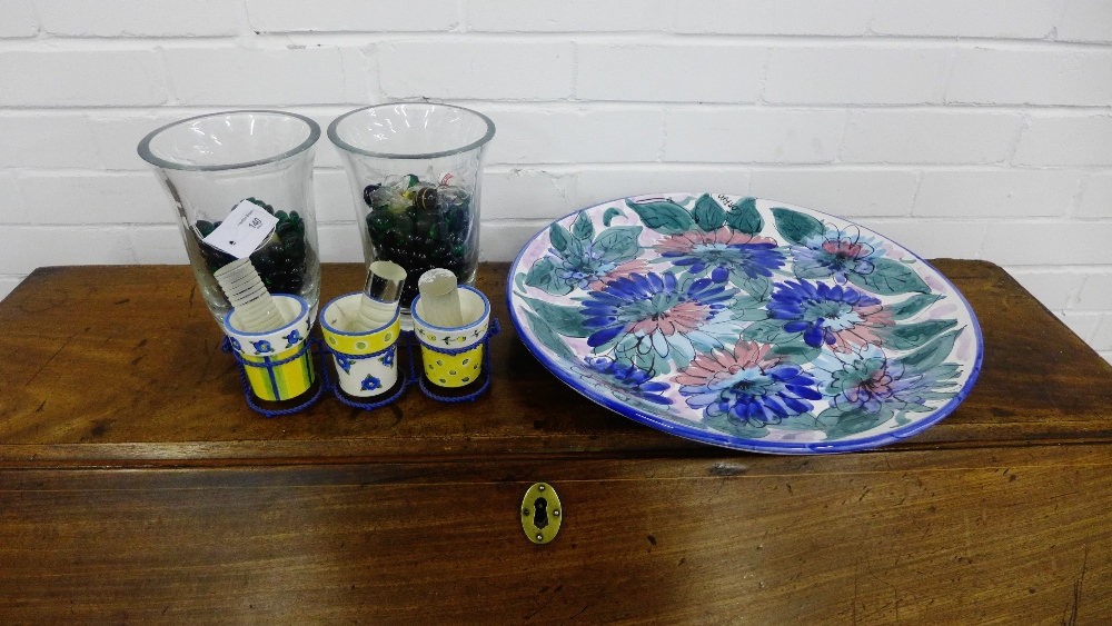 A mixed lot to include two clear glass vases with green glass pebbles, a large blue floral painted