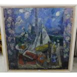 Donald Manson Still Life with Flowers, Fruit and a Small Yacht, Oil, signed, in a glazed frame 120