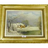 Unknown Artist Winter Landscape Village Scene Oil-on-board, signed with initials I.R, in a glazed