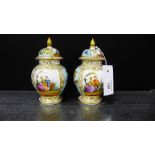 A pair of continental porcelain baluster vases and domed topped covers, painted with figures and