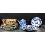 A mixed lot of Chinese and Japanese porcelains to include a teapot, Famille Verte blue and white