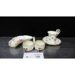 A Meissen double porcelain salt, painted with a bird pattern with a loop handle, together with a