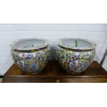 A large pair of famille rose fish bowls, the interior painted with carp and further decorated to the