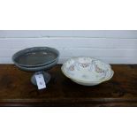 A Noritake bowl and a green glazed half gadrooned pottery comport (2)