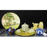 A mixed lot to include Crown Devon Lustrine florescent miniature vase and bowl, two Royal Doulton