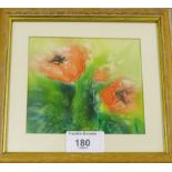 Mary Davies Poppies on silk, dated August 1994 Gallery 41 label verso, in a glazed frame, 19 x 18cm