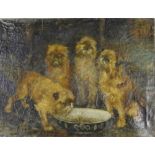 Indistinctly signed Early 20th century School "Four Dogs Feeding" Oil-on-canvas, dated 1918, on