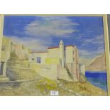 Greek School Oil-on-Board of a Whitewashed Village by the Sea Apparently unsigned, 53 x 43cm