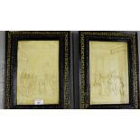 A pair of framed plaster plaques depicting Elizabethan scenes, each in a glazed gilt wood frame,