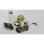 A mixed lot to include a 9 carat gold gemset dress ring, sterling silver opal set ring, Mizpah