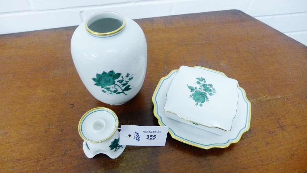 Austrian Augarten white glazed porcelains with green leaf sprays to include a baluster vase, small