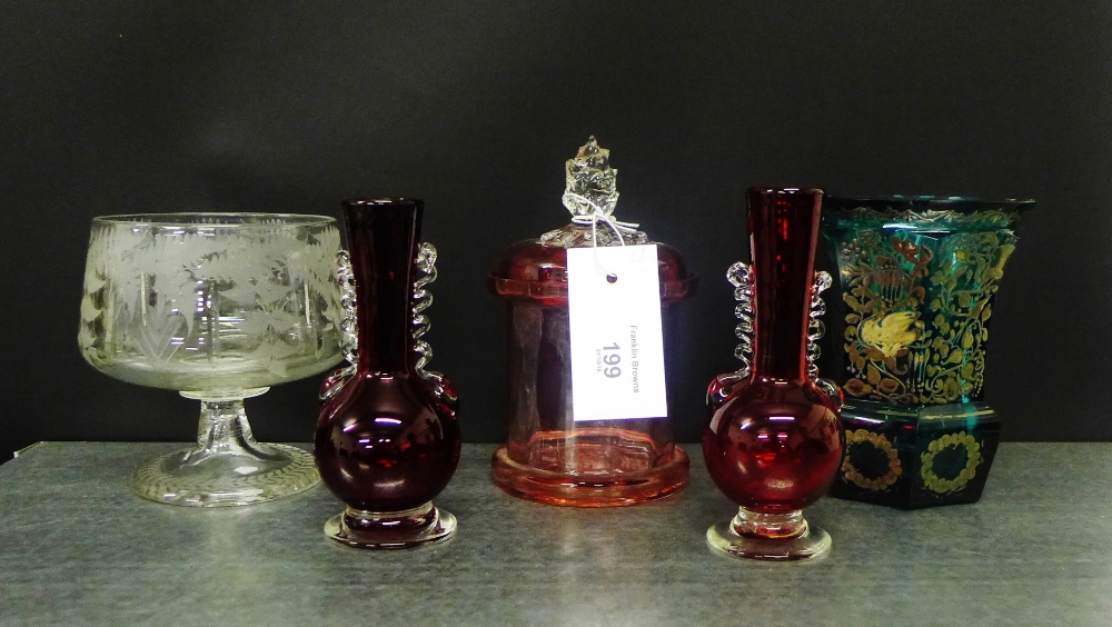 19th century and later coloured glass to include a Cranberry glass jar and cover, blue glass and