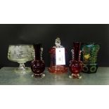 19th century and later coloured glass to include a Cranberry glass jar and cover, blue glass and