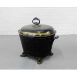 A black painted and gilt rimmed metal coal bucket of oval form, complete with lid and twin handles