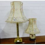 A brass column table lamp and shade, together with another Satsuma style lamp with matching