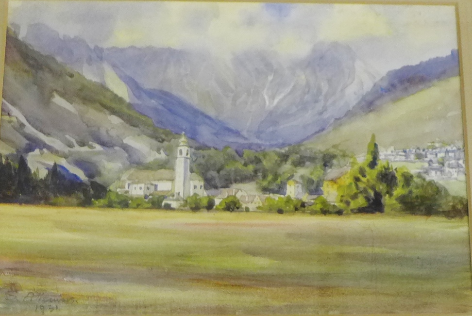 S. Atkinson 'Alpine Village' Watercolour, signed and dated 1931, in a glazed frame, 29 x 20cm