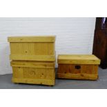 A collection of three pine storage crates, one with black metal handle to side, 46 x 88cm, (3)