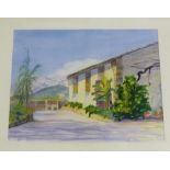 Continental School Village Watercolour, signed with a monogram and inscribed Alcadia, in a glazed