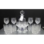 An Edinburgh crystal square cut spirit decanter and stopper, together with six tumblers, four wine