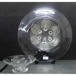 A clear glass centre piece bowl with moulded oyster pattern together with a smaller dimpled glass