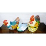 A papier mache painted hen on nest and a cockerel together with a pale blue painted duck (3) largest