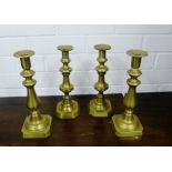 Two pairs of knop stemmed brass candlesticks, tallest 17cm, (4)