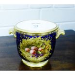 A Coalport Chivers fruit painted cache pot with cobalt blue reserves and twin shell cast gilt