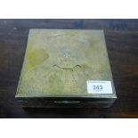 A brass floral engraved box, the lid with a 55 years calendar, 15 x 15cm