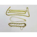 Two 9ct gold bracelets, together with two yellow metal trace link chains, (4)