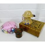 A mixed lot to include a tartan ware box and cover, a Sorrento musical box, a pin cushion and a
