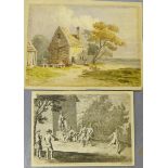 An engraving of 'Dancing Figures' by Le Blond, together with a watercolour of a Cottage by a