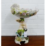 A large Sitzendorf porcelain figural comport, a floral encrusted shell basket mounted on a