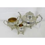 An Epbm three piece teaset, comprising teapot, twin handled sugar bowl and milk jug (3)