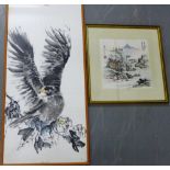 'Eagle' Watercolour on paper, in a glazed frame, together with a framed Japanese Landscape