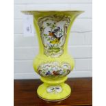 A 19th century Dresden porcelain flared rim vase, painted with birds against a yellow ground with