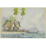 South East Asian School Coastal Settlement Watercolour, signed indistinctly, Musdi??, in a glazed