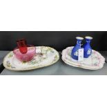 A mixed lot to include a cranberry glass drinking glass and bowl, a Staffordshire floral patterned