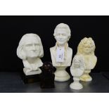 A collection of Parian busts to include Mozart, Liszt and Handel, etc., together with a patinated