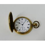 A gold plated Waltham pocket watch, the enamel dial with Roman numerals and subsidiary seconds dial