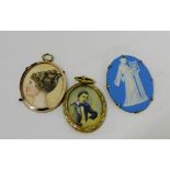 An oval framed watercolour miniature of a Lady Bairnsfather, contained within a yellow metal