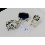 Birmingham silver condiment set comprising pepper pot and salt and mustard pots with their blue