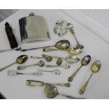 A mixed lot of Epns wares to include a William Grant & Son hip flask, various teaspoons, a trinket