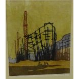 R.G. Howey 'The Shipyard' Coloured wood block print, signed in pencil, No.6/100, in a glazed