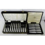 A set of six mother-of-pearl handled fruit knives, together with a cased set of fruit knives and