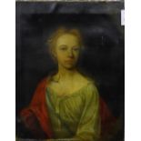 An antique half length portrait of a 'Young Girl in a Red Cloak', Oil-on-canvas (damaged), unframed