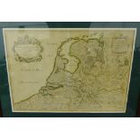 An early 18th century framed map of Holland, in a glazed frame, 84 x 66cm