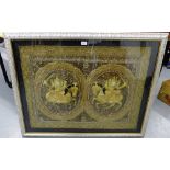 A framed Indian sequence and needlework panel depicting two Goddess's on horseback, contained within