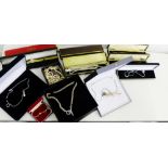 A quantity of silver and costume jewellery to include Trifari faux pearls, Stratton stick pin, a