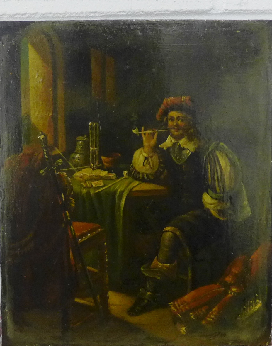 A 19th century oil painting on copper panel of a Pipe Smoking Cavalier, unframed and unsigned, 17