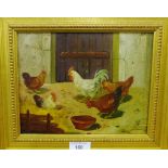 'Chickens and Rooster' Oil-on-canvas, unsigned, in a gilt wood frame, 22 x 18cm